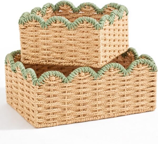 Green Scalloped Woven Storage Baskets Set of 2