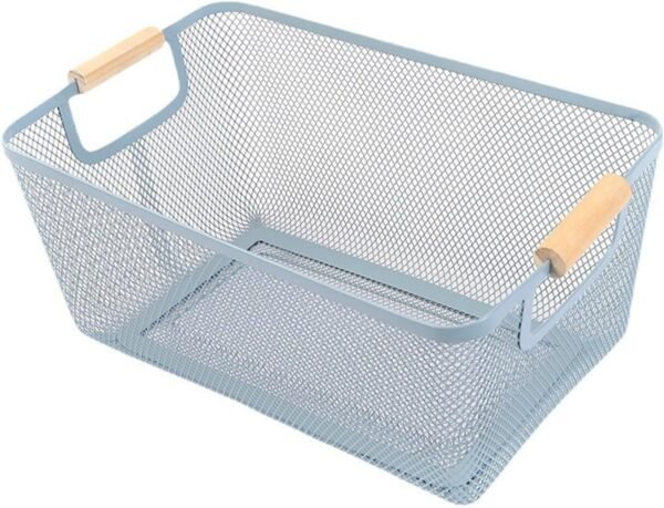 Blue Rectangular Hanging Metal Mesh Storage Basket with Wooden Handle