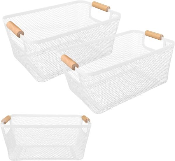 Metal Mesh Storage Baskets with Bamboo Handles Set of 2