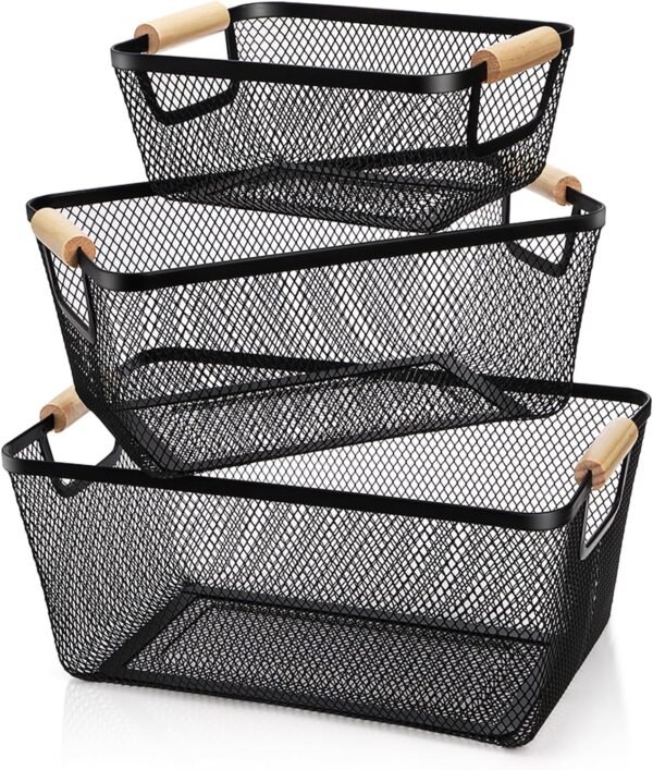 Rectangular Wire Storage Baskets with Wooden Handles Set of 3