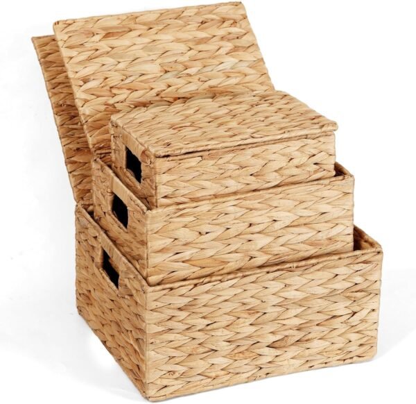 Natural Water Hyacinth Storage Baskets with Lids Set of 3