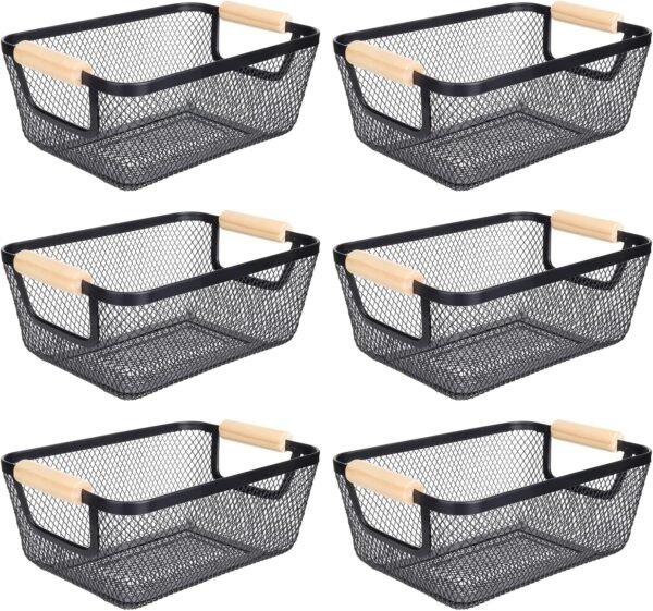Black Wire Pantry Storage Baskets with Wooden Handles Set of 6