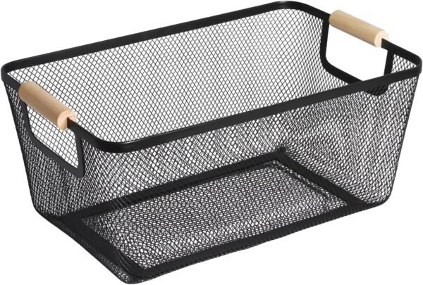 Large Hanging Metal Mesh Storage Basket with Wooden Handle
